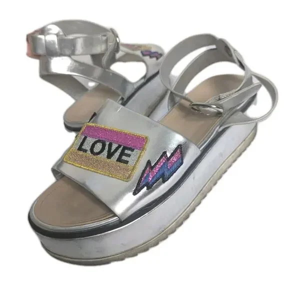 ALDO Silver Chrome Adjustable Strap Wedge Platform Sandals Sporty 2000s Pop 7.5 - Picture 2 of 7